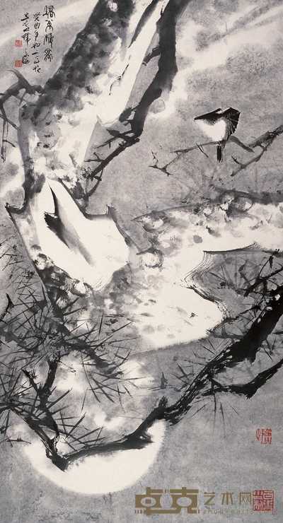 韩天衡 1973年作 矫松栖禽 立轴 89×48cm
